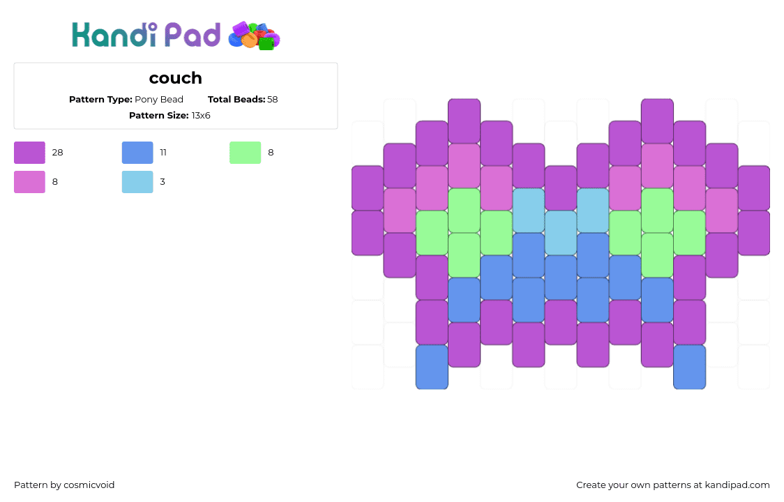 couch - Pony Bead Pattern by cosmicvoid on Kandi Pad - couch,chair,funiture,charm,purple,blue,green