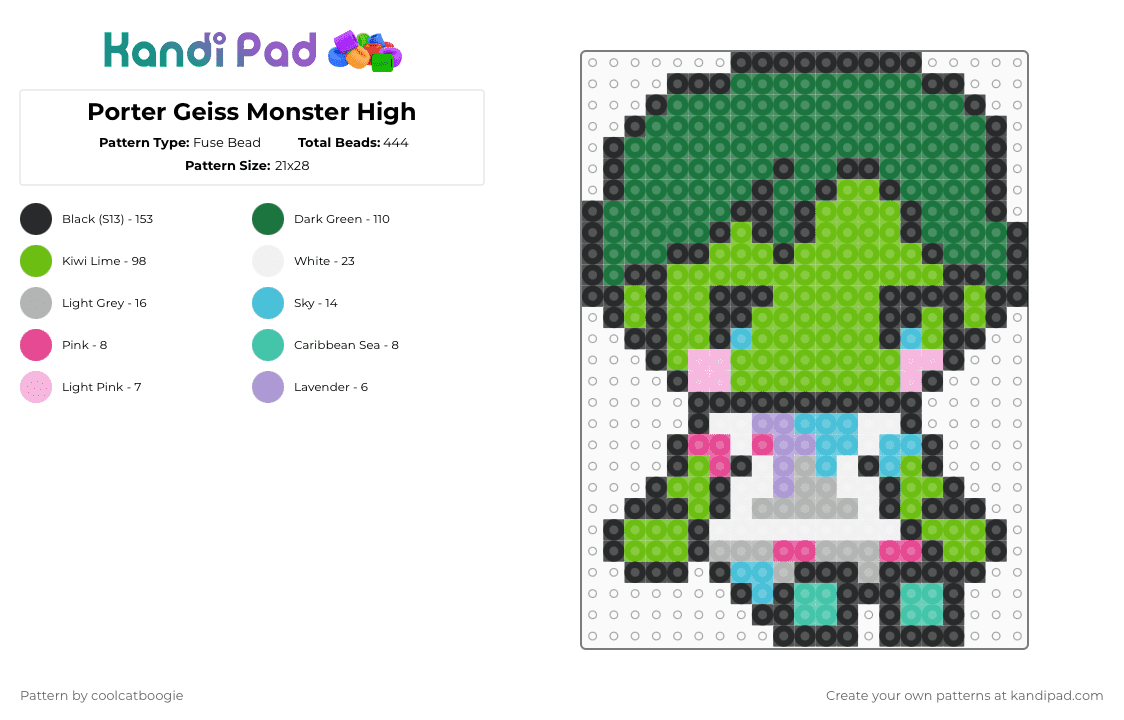 Porter Geiss Monster High - Fuse Bead Pattern by coolcatboogie on Kandi Pad - porter geiss,monster high,green