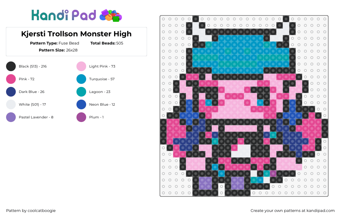 Kjersti Trollson Monster High - Fuse Bead Pattern by coolcatboogie on Kandi Pad - kjersti trollsonn,monster high,character,cartoon,tv show,doll,chibi,pink,teal