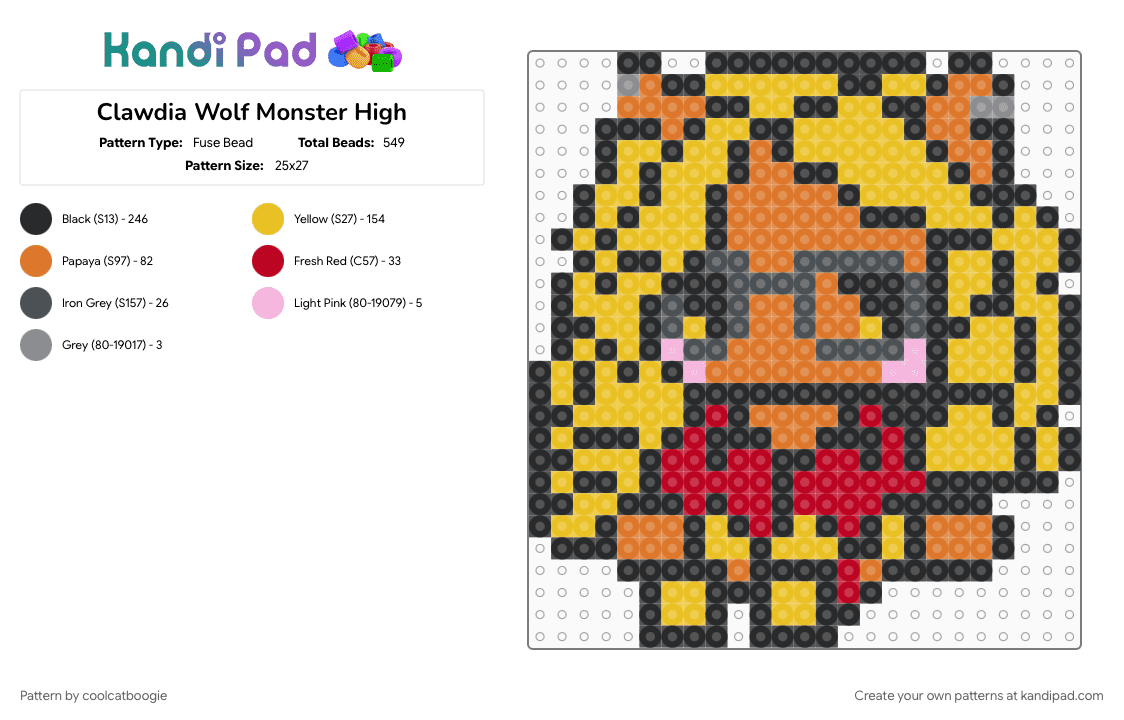 Clawdia Wolf Monster High - Fuse Bead Pattern by coolcatboogie on Kandi Pad - black, orange, yellow