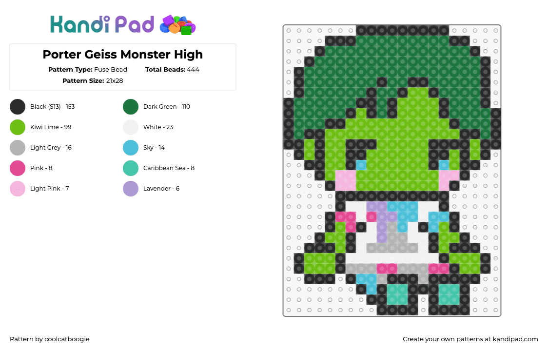 Porter Geiss Monster High - Fuse Bead Pattern by coolcatboogie on Kandi Pad - porter geiss,monster high,chibi,character,doll,green