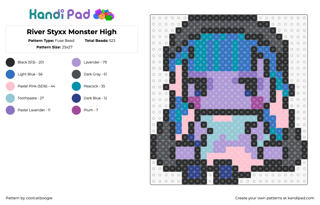 River Styxx Monster High - Fuse Bead Pattern by coolcatboogie on Kandi Pad - river styxx,monster high,chibi,character,doll,blue,purple