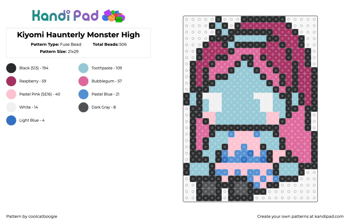 Kiyomi Haunterly Monster High - Fuse Bead Pattern by coolcatboogie on Kandi Pad - kiyomi haunterly,monster high,chibi,character,doll,light blue,pink