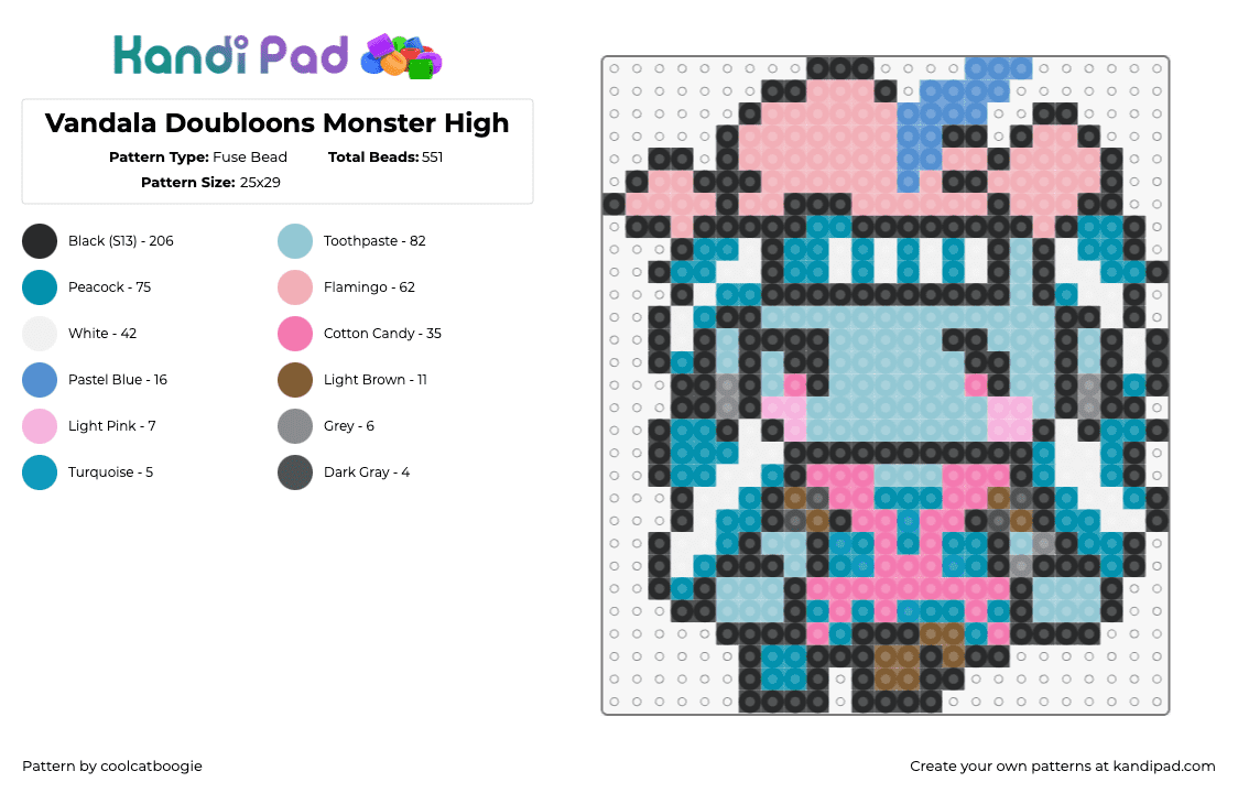 Vandala Doubloons Monster High - Fuse Bead Pattern by coolcatboogie on Kandi Pad - vandala doubloons,monster high,character,chibi,light blue,pink