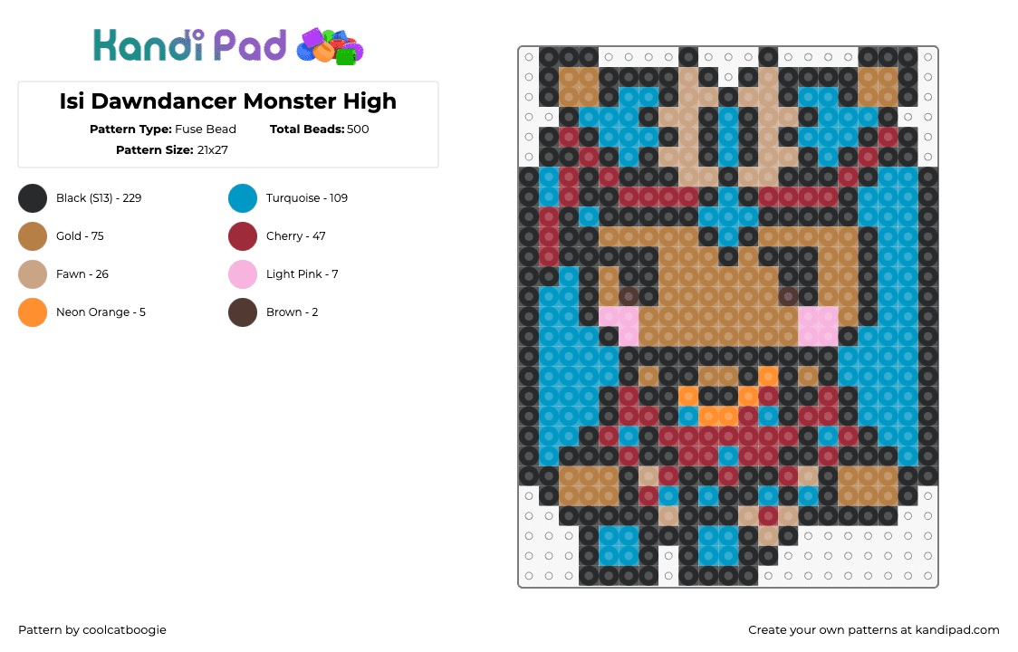 Isi Dawndancer Monster High - Fuse Bead Pattern by coolcatboogie on Kandi Pad - isi dandancer,monster high,character,cartoon,tv show,chibi,tan,teal