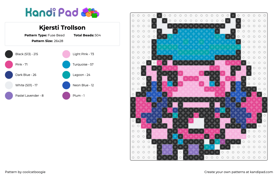 Kjersti Trollson Monster High - Fuse Bead Pattern by coolcatboogie on Kandi Pad - kjersti trollsonn,monster high,character,cartoon,tv show,doll,chibi,pink,teal