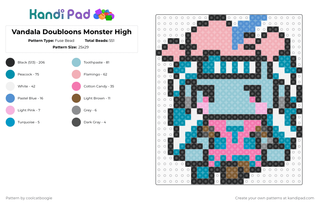 Vandala Doubloons Monster High - Fuse Bead Pattern by coolcatboogie on Kandi Pad - vandala doubloons,monster high,light blue,teal,beige