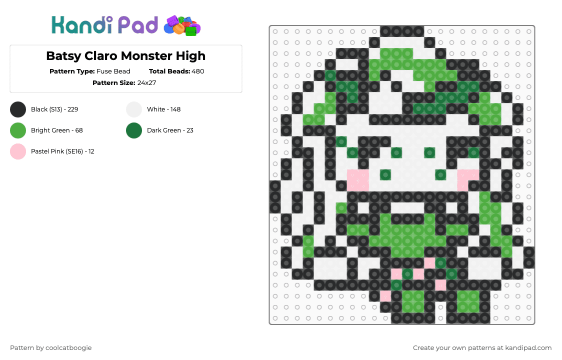 Batsy Claro Monster High - Fuse Bead Pattern by coolcatboogie on Kandi Pad - white,green