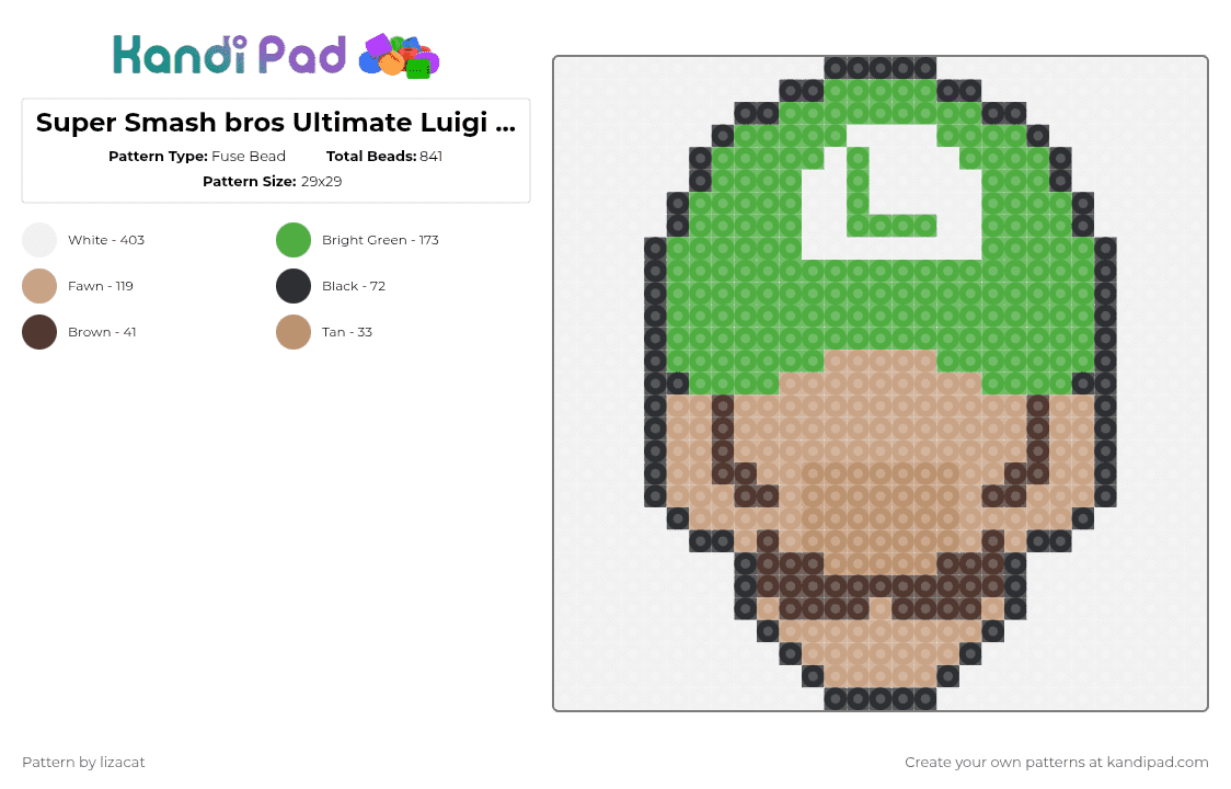 Super Smash bros Ultimate Luigi Icon - Fuse Bead Pattern by lizacat on Kandi Pad - white,green,beige