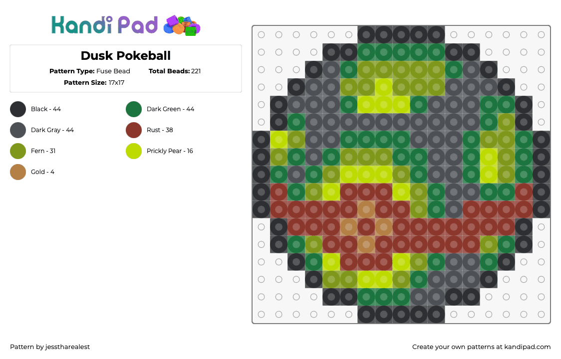 Dusk Pokeball - Fuse Bead Pattern by jesstharealest on Kandi Pad - dusk ball,pokeball,pokemon,gaming,green,red,gray