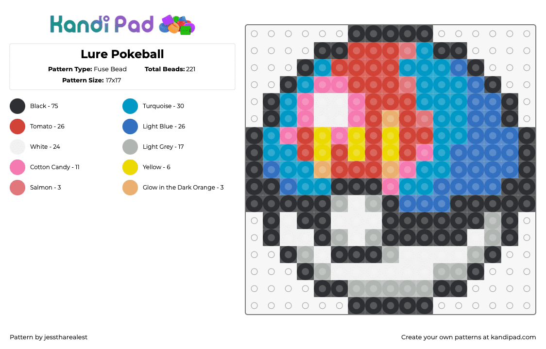 Lure Pokeball - Fuse Bead Pattern by jesstharealest on Kandi Pad - lure ball,pokeball,pokemon,gaming,red,blue