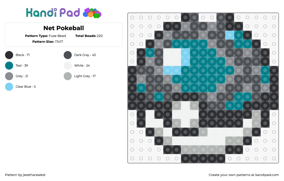 Net Pokeball - Fuse Bead Pattern by jesstharealest on Kandi Pad - net ball,pokeball,gaming,teal,gray