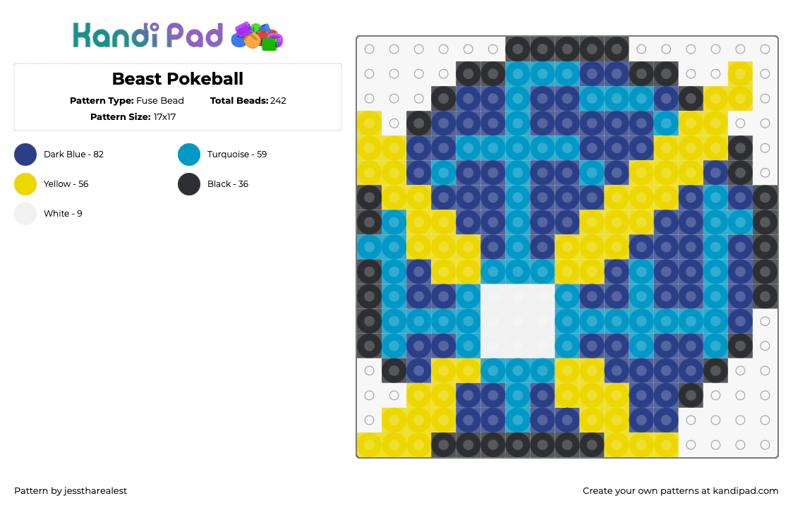 Beast Pokeball - Fuse Bead Pattern by jesstharealest on Kandi Pad - beast ball,pokeball,pokemon,gaming,blue,yellow