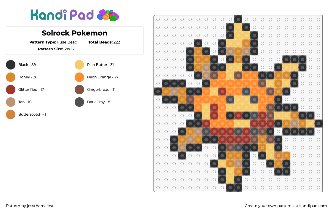 Solrock Pokemon - Fuse Bead Pattern by jesstharealest on Kandi Pad - solrock,pokemon,character,gaming,orange,tan