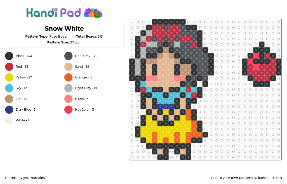 Snow White - Fuse Bead Pattern by jesstharealest on Kandi Pad - black,red,beige,yellow,colorful