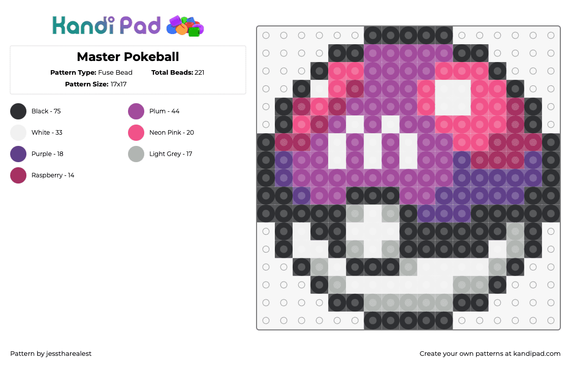 Master Pokeball - Fuse Bead Pattern by jesstharealest on Kandi Pad - master ball,pokeball,gaming,purple,pink