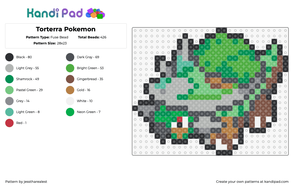 Torterra Pokemon - Fuse Bead Pattern by jesstharealest on Kandi Pad - torterra,pokemon,character,gaming,green