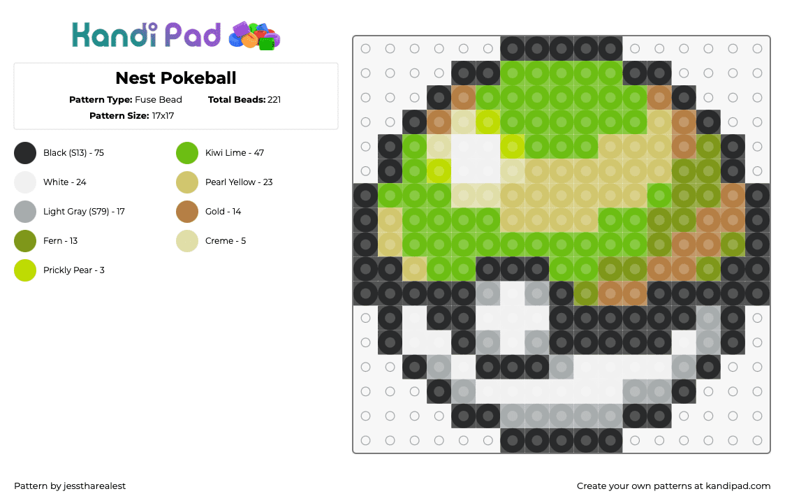 Nest Pokeball - Fuse Bead Pattern by jesstharealest on Kandi Pad - nest ball,pokeball,pokemon,gaming,green