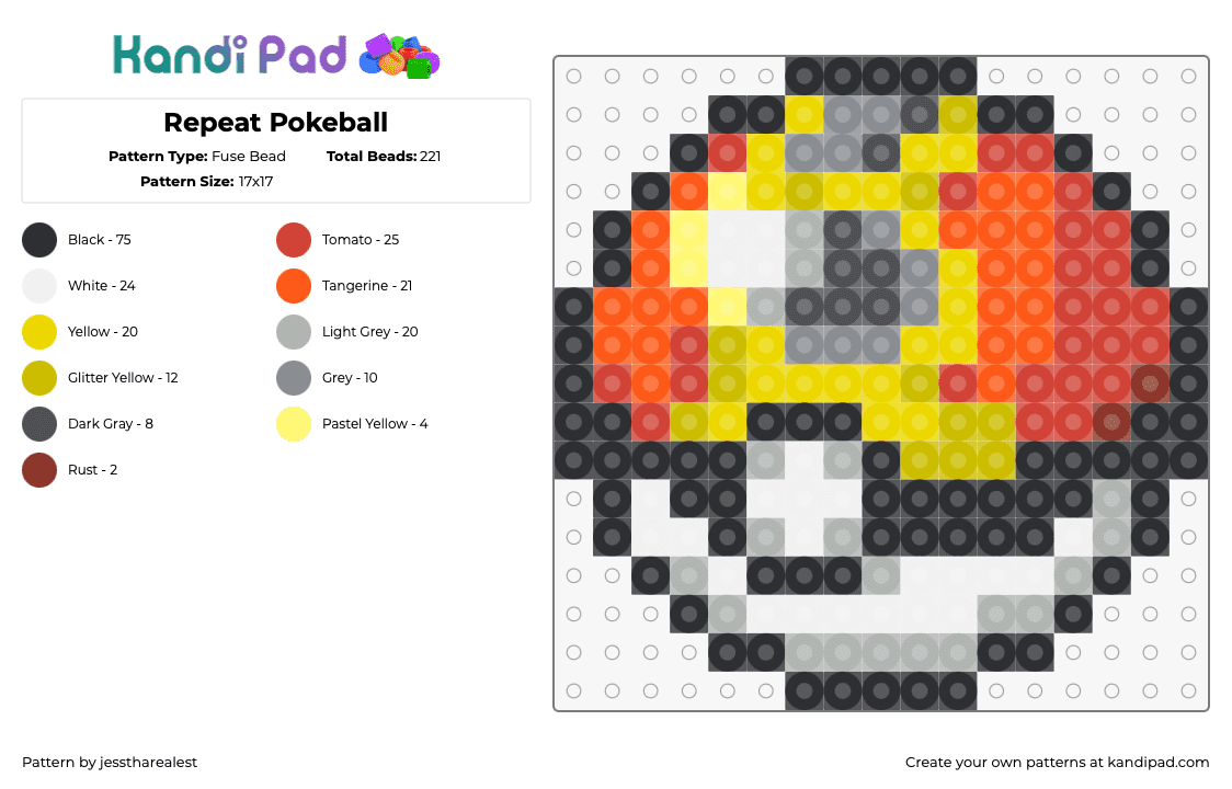 Repeat Pokeball - Fuse Bead Pattern by jesstharealest on Kandi Pad - repeat ball,pokeball,pokemon,gaming,yellow,red