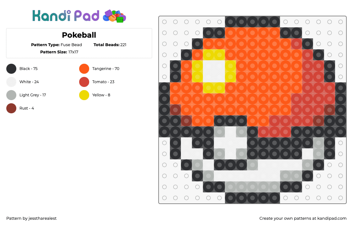 Pokeball - Fuse Bead Pattern by jesstharealest on Kandi Pad - pokeball,pokemon,gaming,orange,red