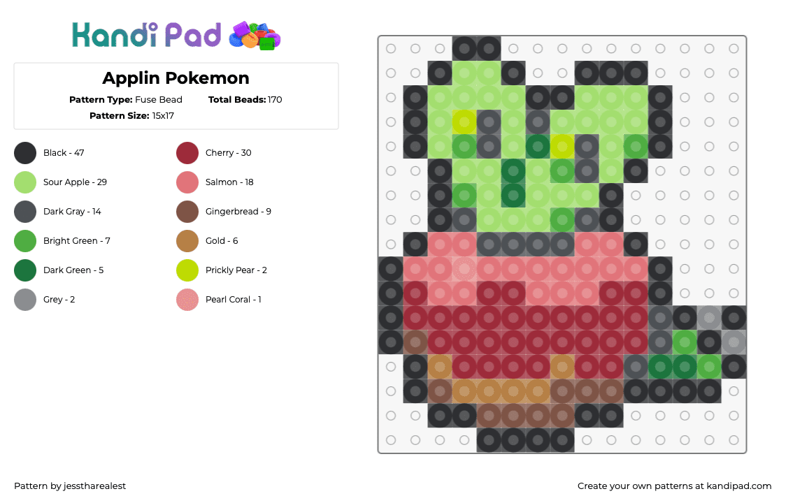 Applin Pokemon - Fuse Bead Pattern by jesstharealest on Kandi Pad - applin,pokemon,character,video game,red,green