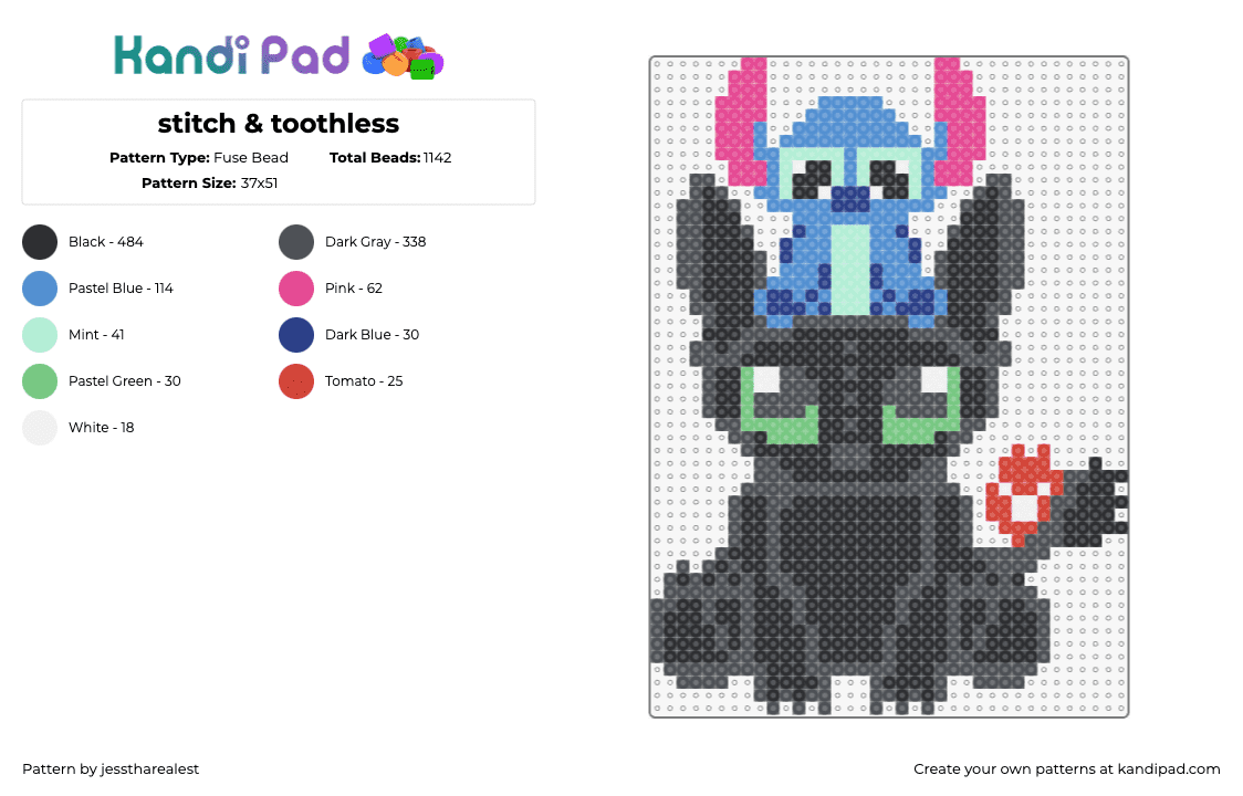 stitch & toothless - Fuse Bead Pattern by jesstharealest on Kandi Pad - toothless,stitch,disney,how to train your dragon,lilo and stitch,characters,mashup,cute,animation,cartoon,movies,black,light blue