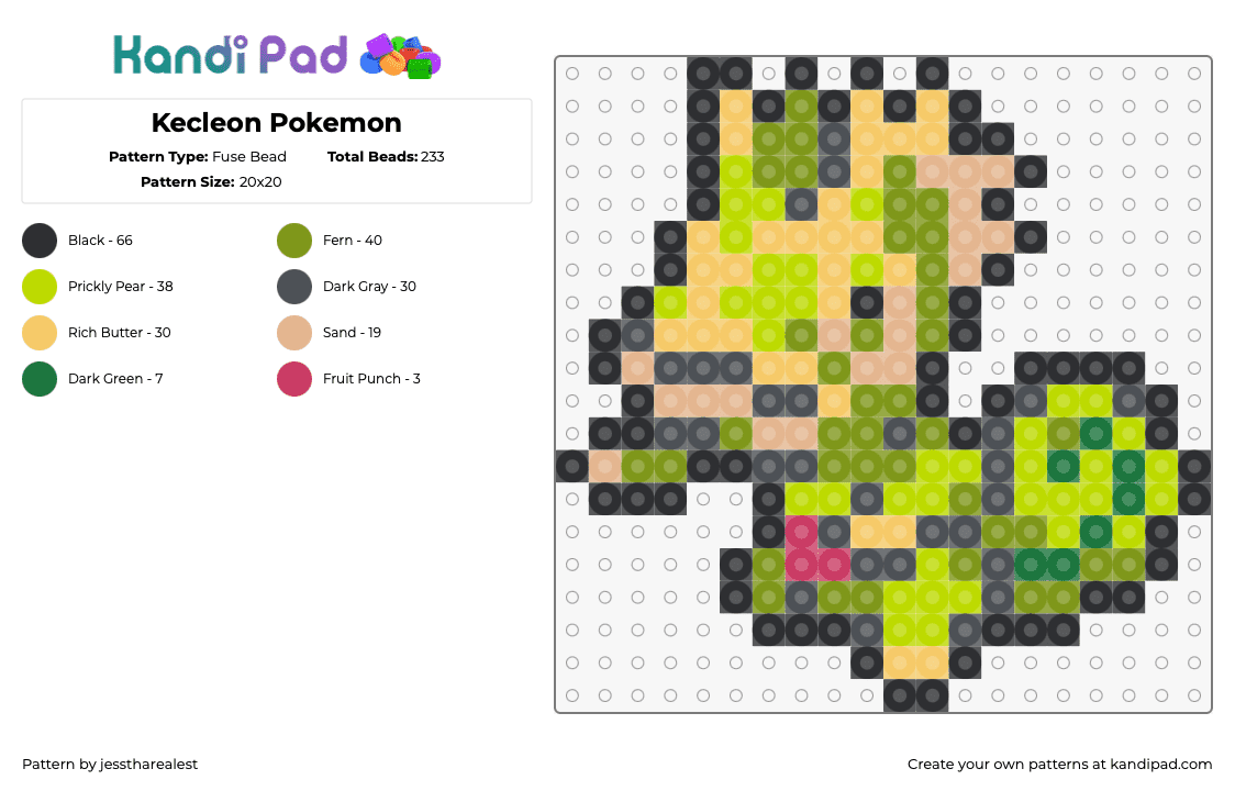 Kecleon Pokemon - Fuse Bead Pattern by jesstharealest on Kandi Pad - kecleon,pkemon,character. gaming,green