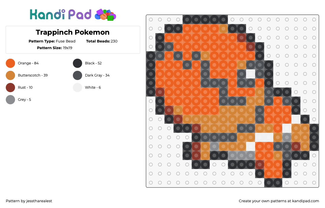 Trappinch Pokemon - Fuse Bead Pattern by jesstharealest on Kandi Pad - trapinch,pokemon,character,gaming,orange