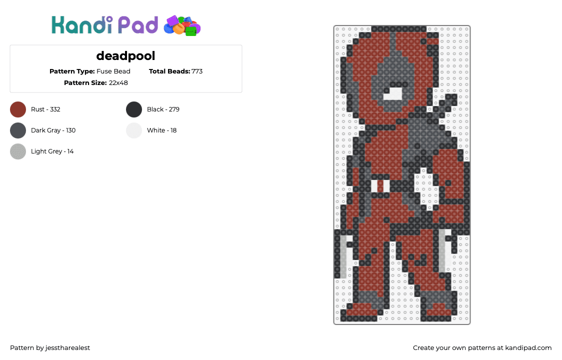 deadpool - Fuse Bead Pattern by jesstharealest on Kandi Pad - deadpool,marvel,superhero,character,comic,movies,red,gray