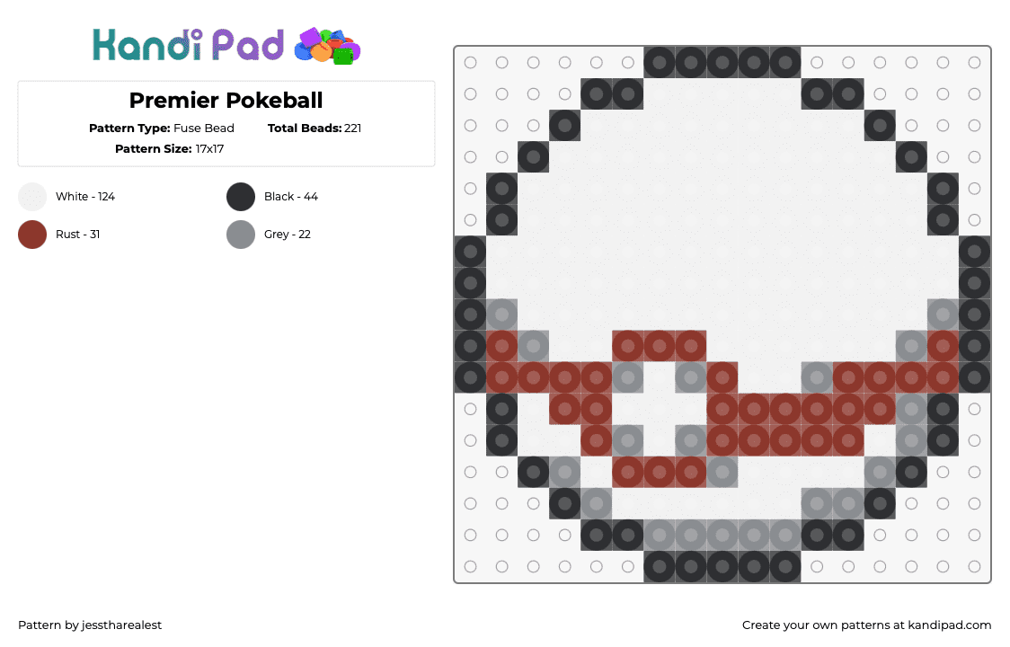 Premier Pokeball - Fuse Bead Pattern by jesstharealest on Kandi Pad - premier ball,pokeball,gaming,white,red