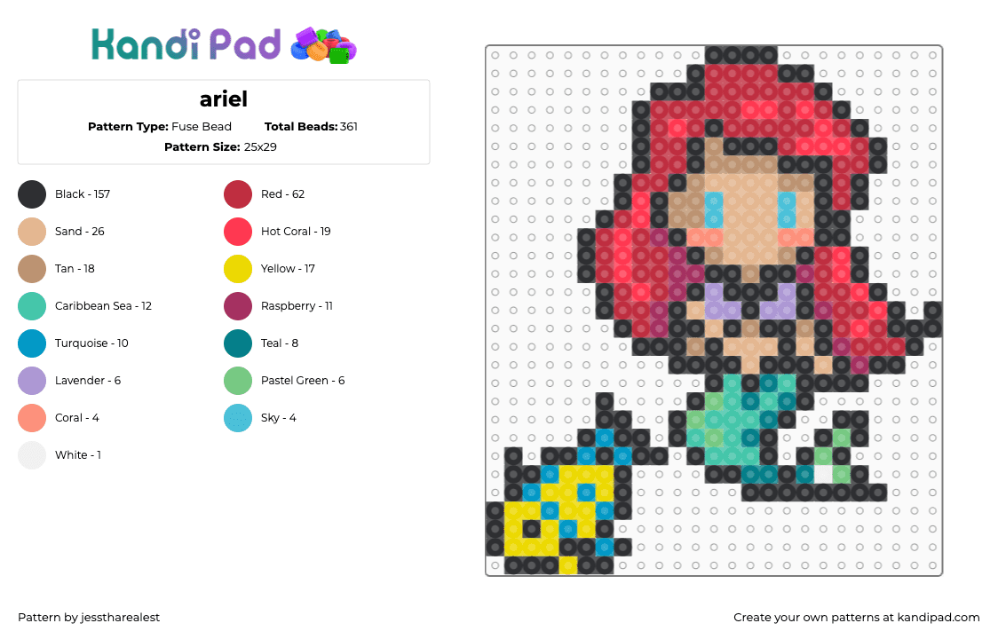 ariel - Fuse Bead Pattern by jesstharealest on Kandi Pad - black,red,teal,beige