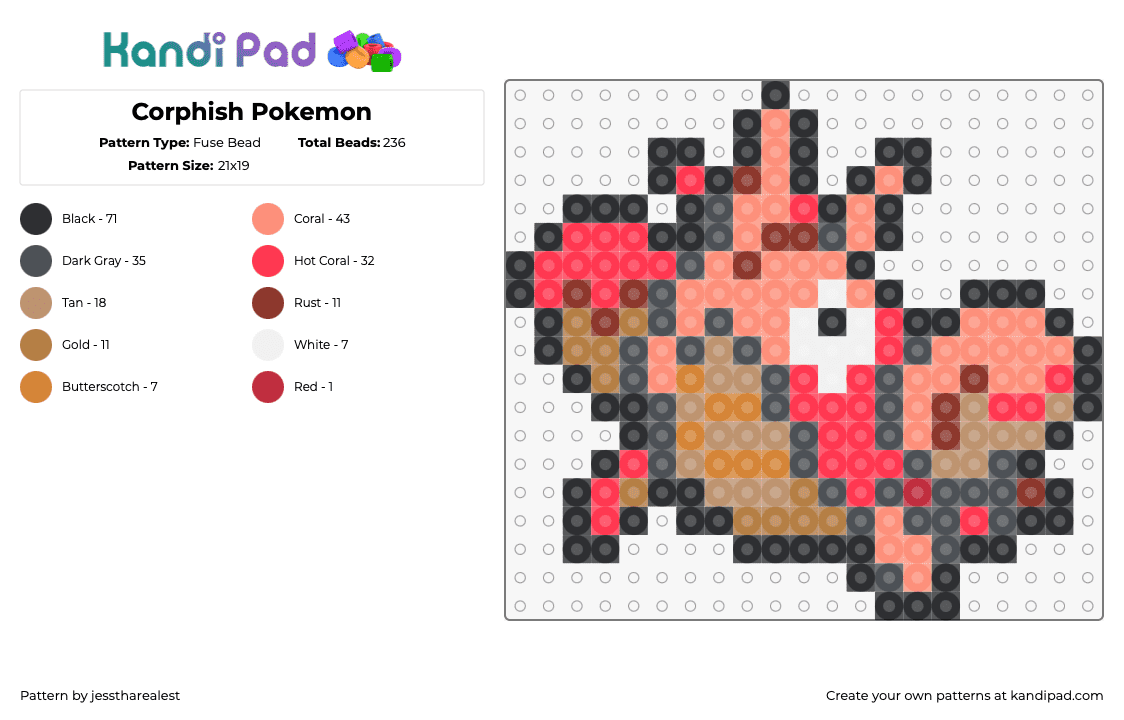 Corphish Pokemon - Fuse Bead Pattern by jesstharealest on Kandi Pad - corphish,pokemon,character,gaming,pink,tan