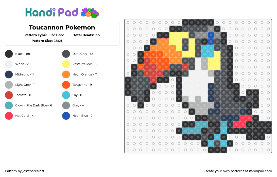 Toucannon Pokemon - Fuse Bead Pattern by jesstharealest on Kandi Pad - toucannon,pokemon,bird,character,gaming,colorful,beak,gray,orange