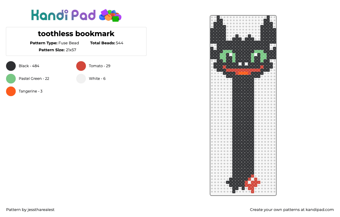 toothless bookmark - Fuse Bead Pattern by jesstharealest on Kandi Pad - toothless,bookmark,how to train your dragon,character,smile,animation,dreamworks,movie,black