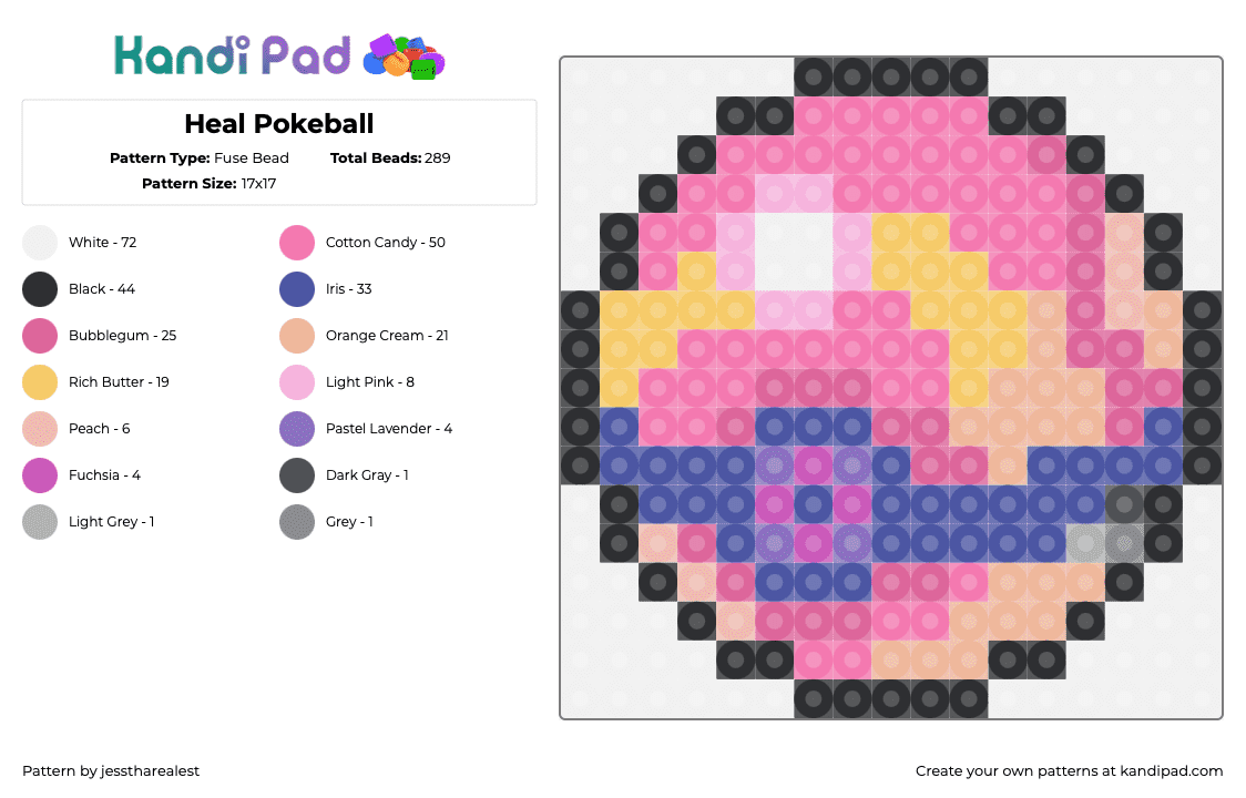 Heal Pokeball - Fuse Bead Pattern by jesstharealest on Kandi Pad - heal ball,pokeball,pokemon,gaming,pink