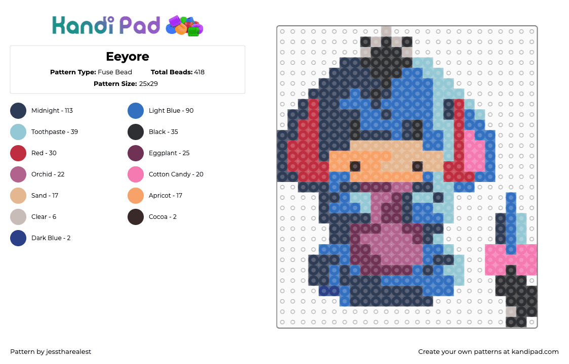 Eeyore - Fuse Bead Pattern by jesstharealest on Kandi Pad - blue, pink, purple