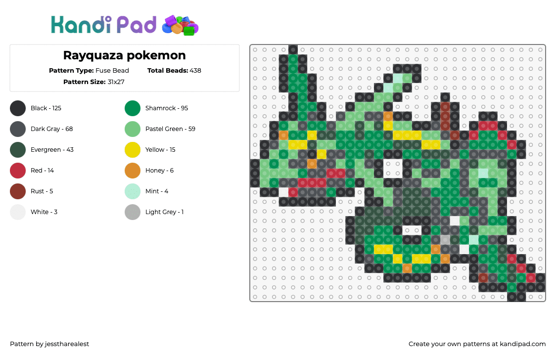 Rayquaza pokemon - Fuse Bead Pattern by jesstharealest on Kandi Pad - rayquaza,pokemon,character,gaming,dragon,green