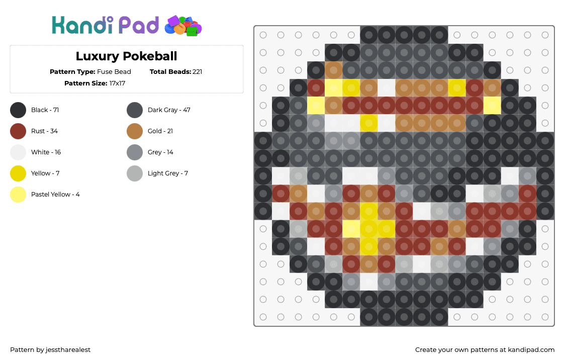 Luxury Pokeball - Fuse Bead Pattern by jesstharealest on Kandi Pad - luxury ball,pokeball,pokemon,gaming,gray,red,brown