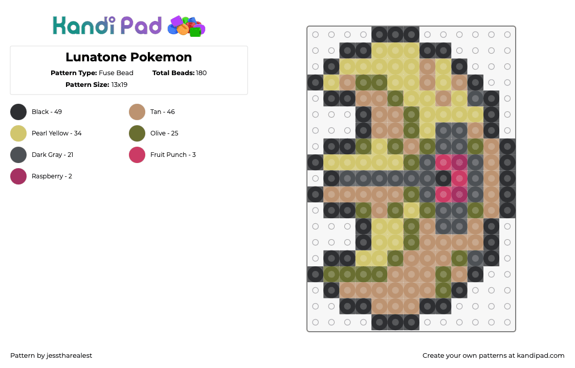 Lunatone Pokemon - Fuse Bead Pattern by jesstharealest on Kandi Pad - lunatone,pokemon,character,gaming,moon,tan,beige