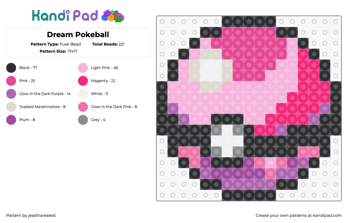 Dream Pokeball - Fuse Bead Pattern by jesstharealest on Kandi Pad - dream ball,pokeball,pokemon,gaming,pink