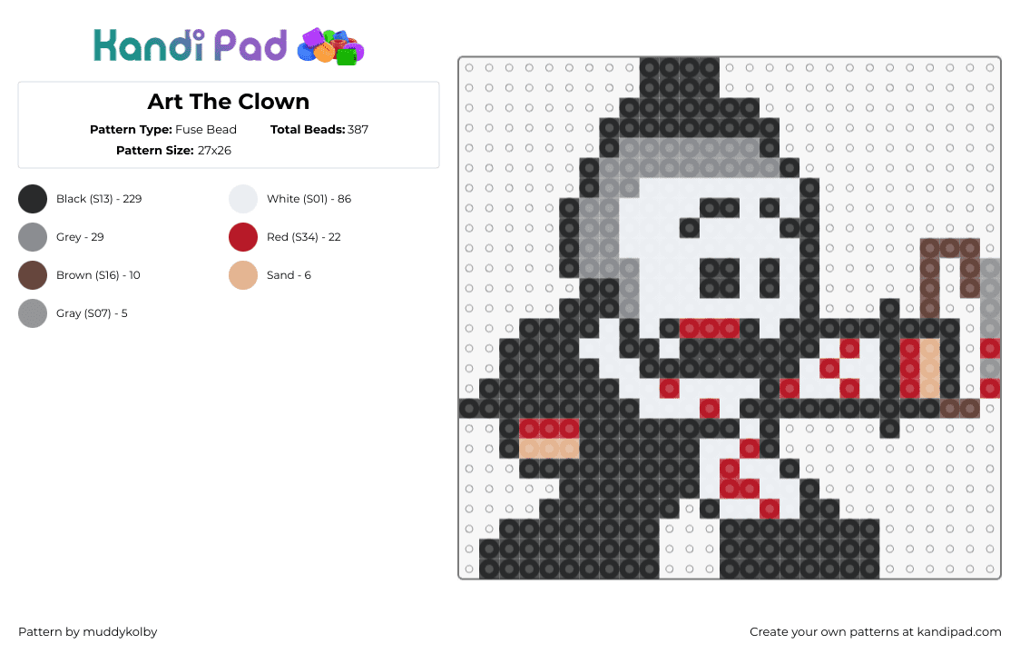 Art The Clown - Fuse Bead Pattern by muddykolby on Kandi Pad - art,terrifier,clown,horror,slasher,movie,character,chibi,black,white,red