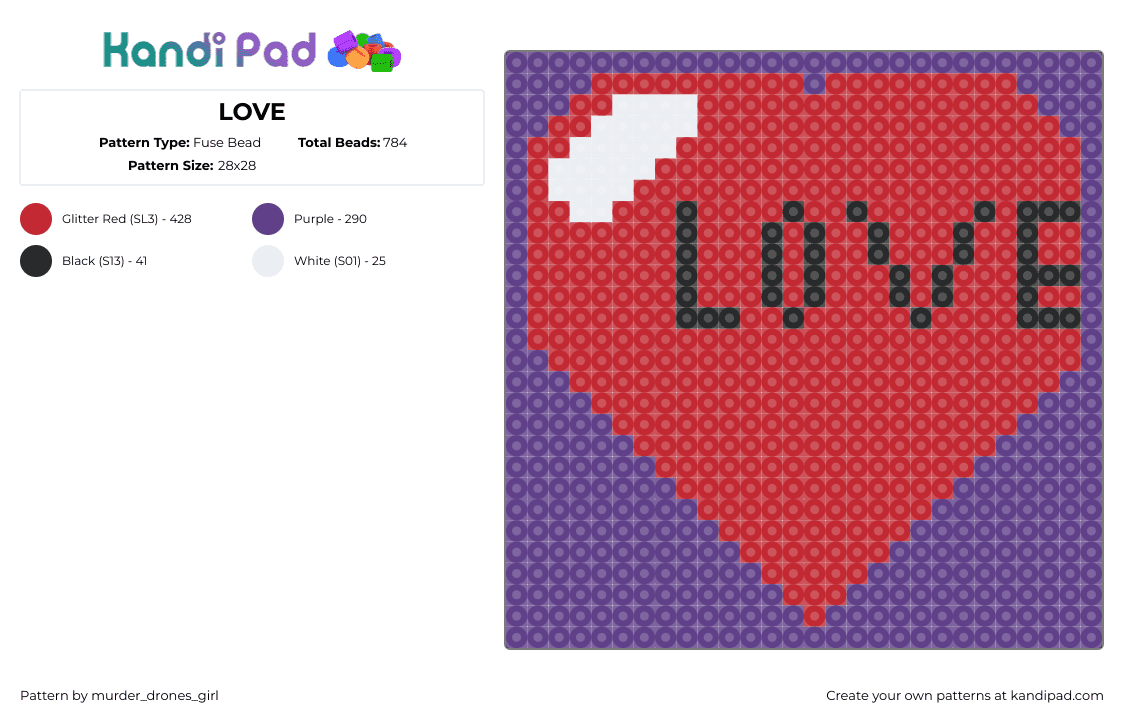 LOVE - Fuse Bead Pattern by murder_drones_girl on Kandi Pad - love,heart,text,valentine,panel,red,purple