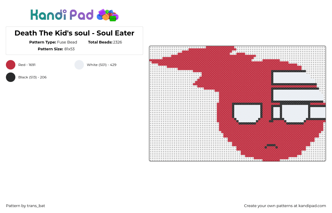 Death The Kid\'s soul - Soul Eater - Fuse Bead Pattern by trans_bat on Kandi Pad - death the kid,soul eater,manga,red,white