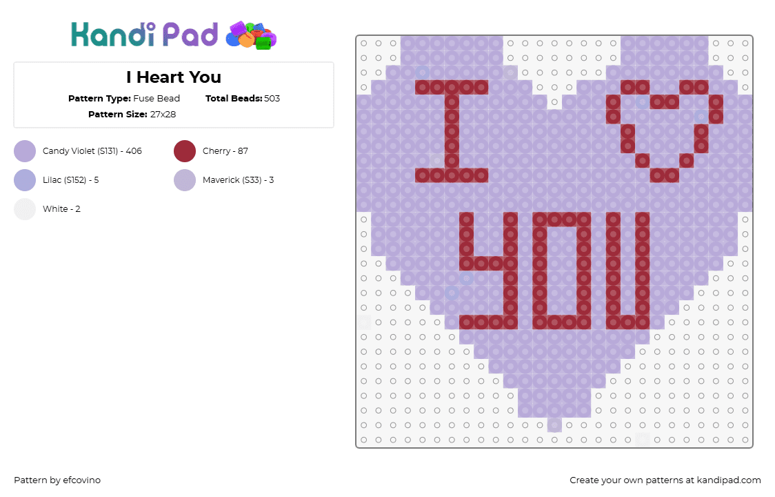 I Heart You - Fuse Bead Pattern by efcovino on Kandi Pad - i love you,valentine,text,heart,purple,red