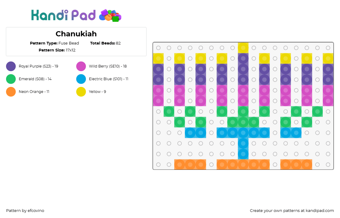 Chanukiah - Fuse Bead Pattern by efcovino on Kandi Pad - menorah,hanukkah,chanukah,candles,holiday,colorful,orange,blue,green,pink,purple