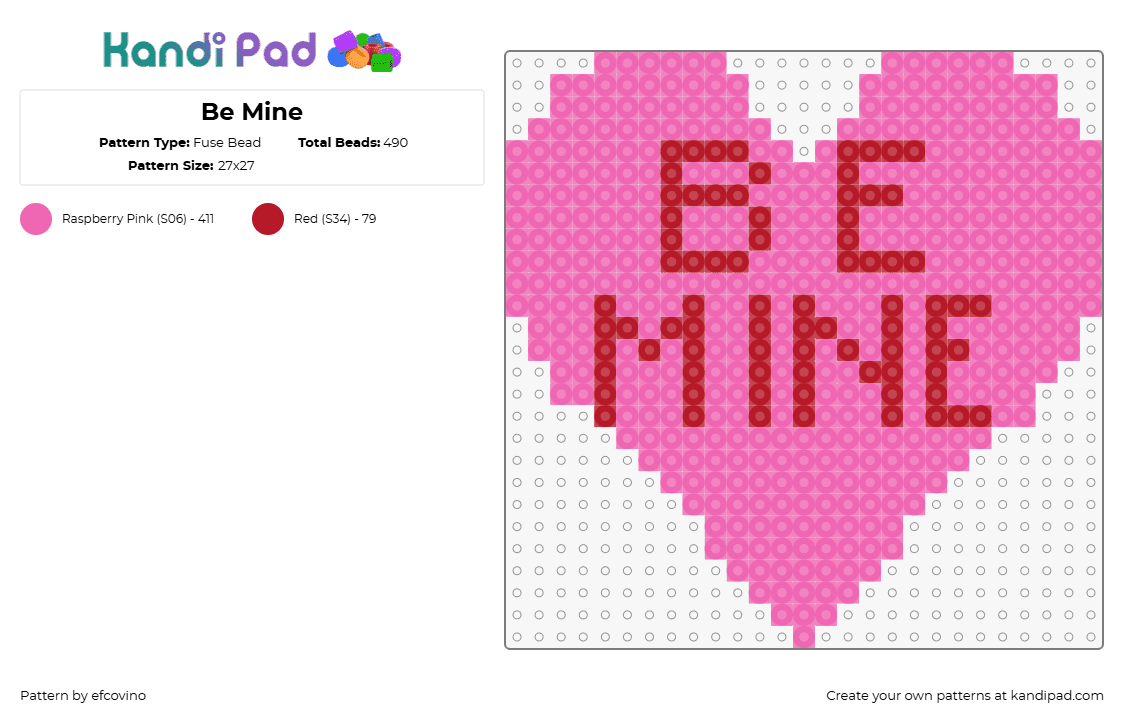 Be Mine - Fuse Bead Pattern by efcovino on Kandi Pad - be mine,valentine,love,text,affection,heart,love,pink,red