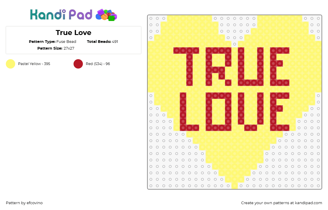 True Love - Fuse Bead Pattern by efcovino on Kandi Pad - love,valentine,text,heart,yellow,red