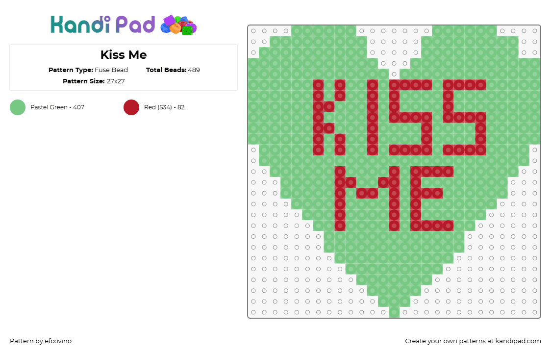 Kiss Me - Fuse Bead Pattern by efcovino on Kandi Pad - kiss me,valentine,love,affection,text,heart,green,red