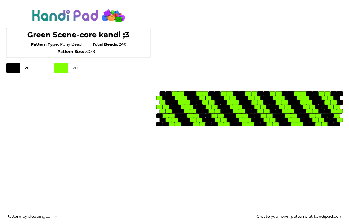 Green Scene-core kandi ;3 - Pony Bead Pattern by sleepingcoffin on Kandi Pad - scene,diagonal,stripes,emo,cuff,green,black