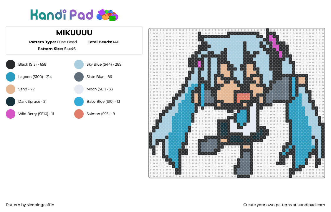 MIKUUUU - Fuse Bead Pattern by sleepingcoffin on Kandi Pad - hatsune miku,vocaloid,chibi,character,music,teal,gray